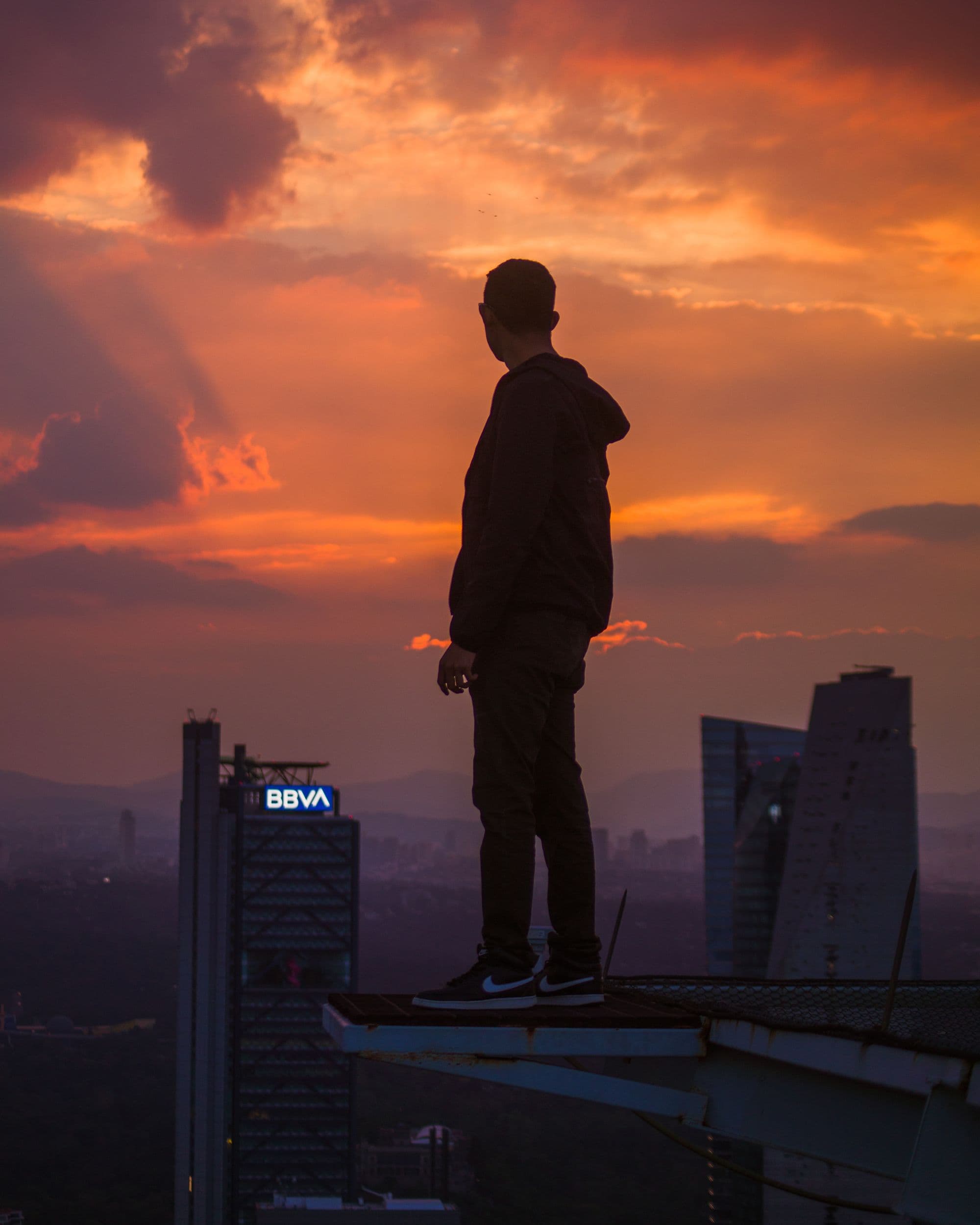 A creator looking out over a city skyline at sunset